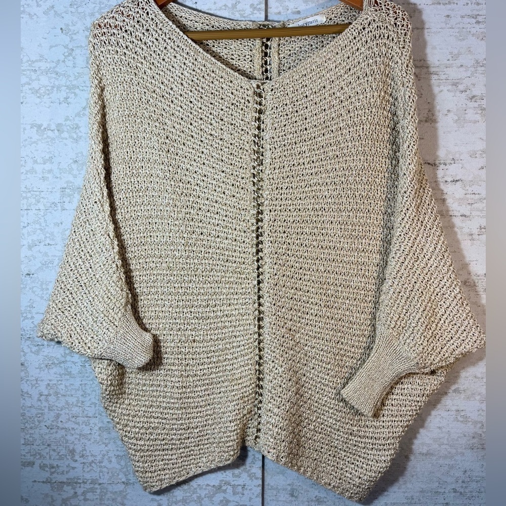 LUCY PARIS Metallic Cream Sweater w/ Center Chain Trim Dolman Sleeve Size Small